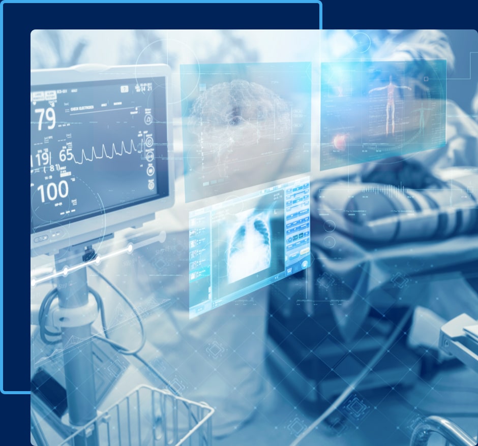 A hear-rate monitor with pulse rate on screen and with a brain scan, lung scan and a body scan on the side.