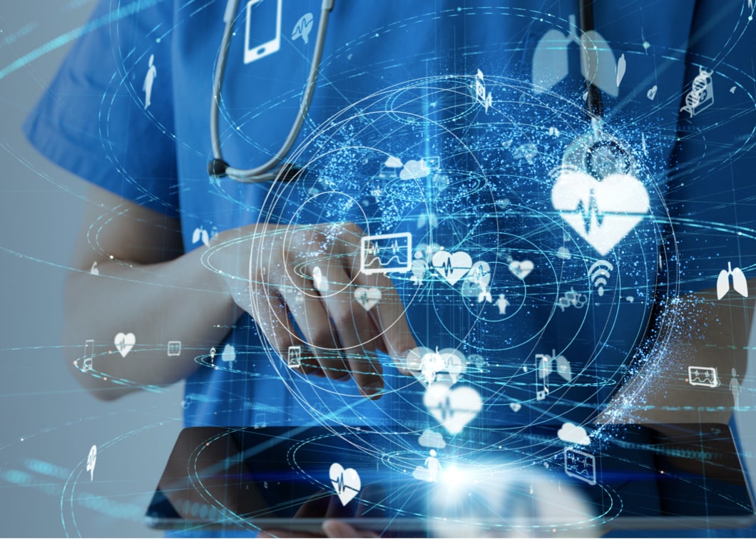 A high tech digital globe hologram image with a nurse in the background.
