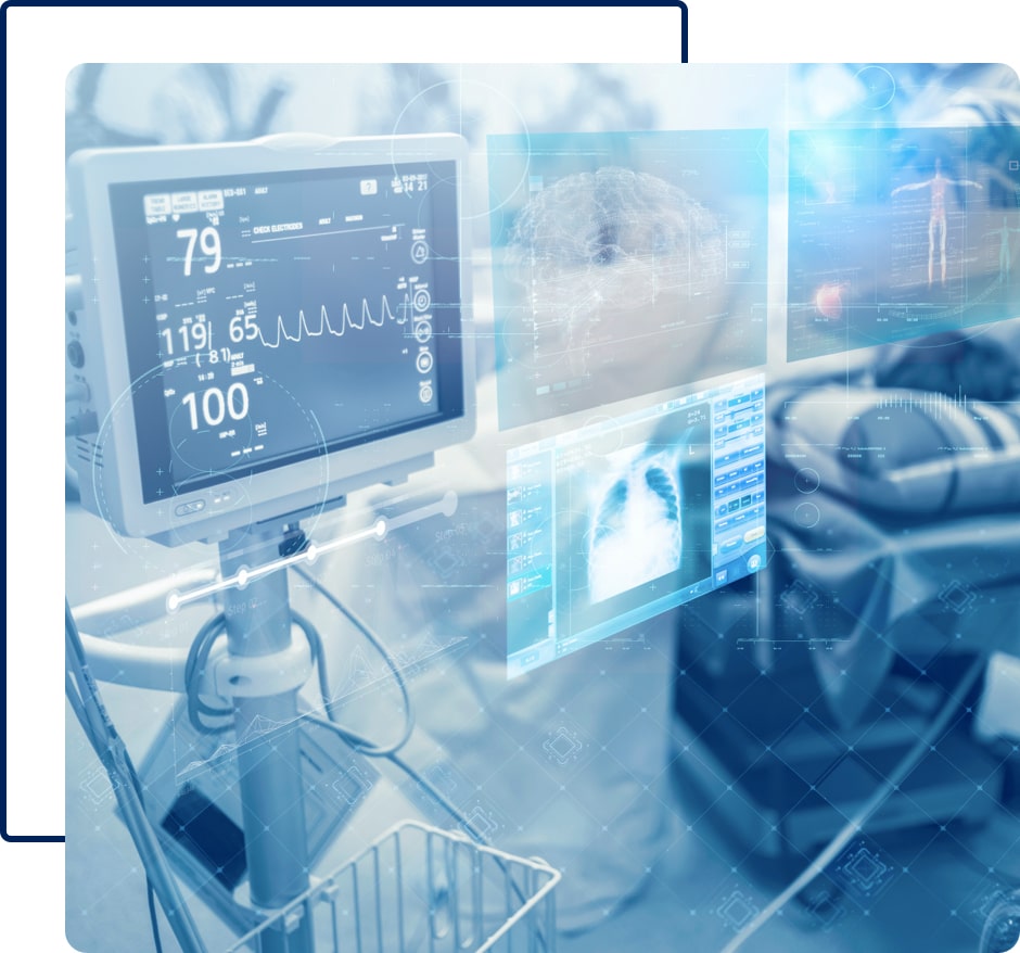 A holographic image of A heart rate monitor showing the pulse with a brain scan, body scan and a lung scan next to it.