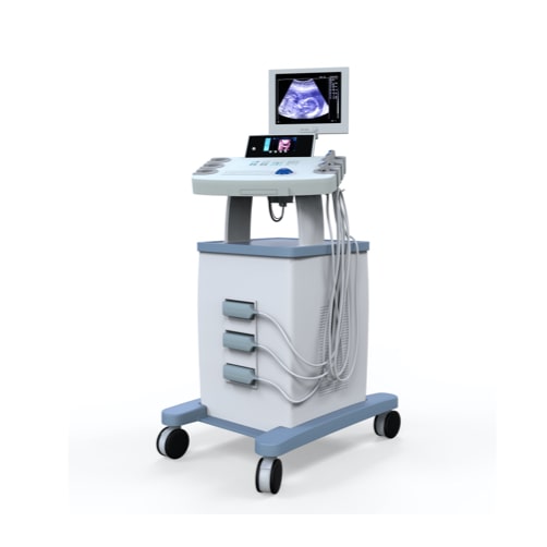 An ultrasound machine with a monitor and control panel.
